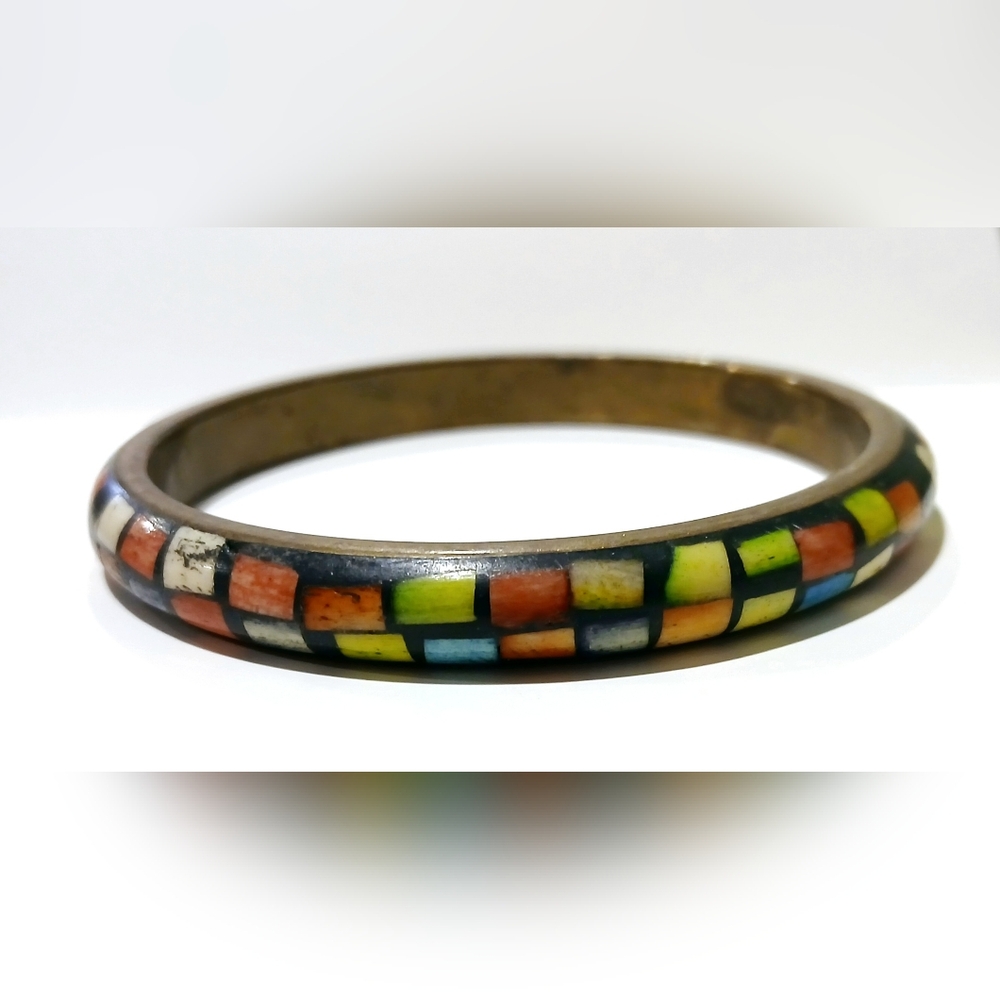Colorful Vintage Mosaic Enameled Metal Bangle Bracelet